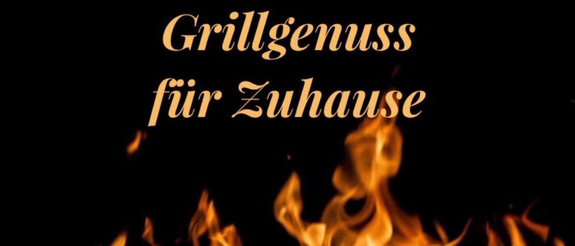 Ein lebhaftes Bild von Flammen, mit dem Text 'Grillgenuss fur Zuhause' in goldenen Buchstaben auf schwarzem Hintergrund. Das Feuer strahlt Wärme und Licht aus.