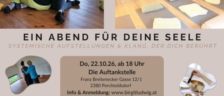 A flyer for a wellness event featuring a woman embracing another woman in a room with yoga mats and bowls. The text is in German, promoting a session for the soul with sound and touch.
