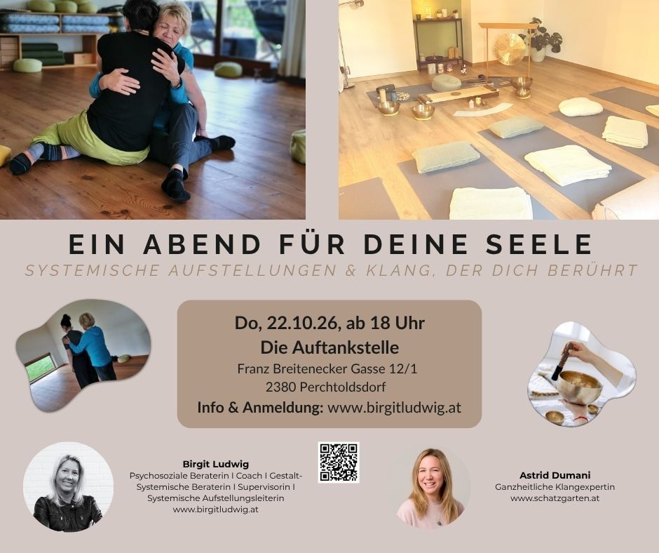 Eine Werbung für ein Yoga- und Meditationsevent. Es zeigt zwei Frauen, die sich umarmen, links und eine ruhige Yoga-Einrichtung rechts. Der Text ist auf Deutsch und enthält Details zum Veranstaltungsdatum, zur Uhrzeit und zum Ort.
