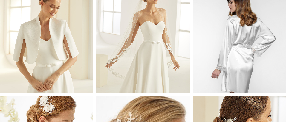 Eine Collage von Bildern mit Hochzeitskleidung, darunter ein weißes Hochzeitskleid, eine Hochzeitsjacke und eine Hochzeitsschleier. Die Braut trägt ein weißes Kleid mit einem weißen Schleier.