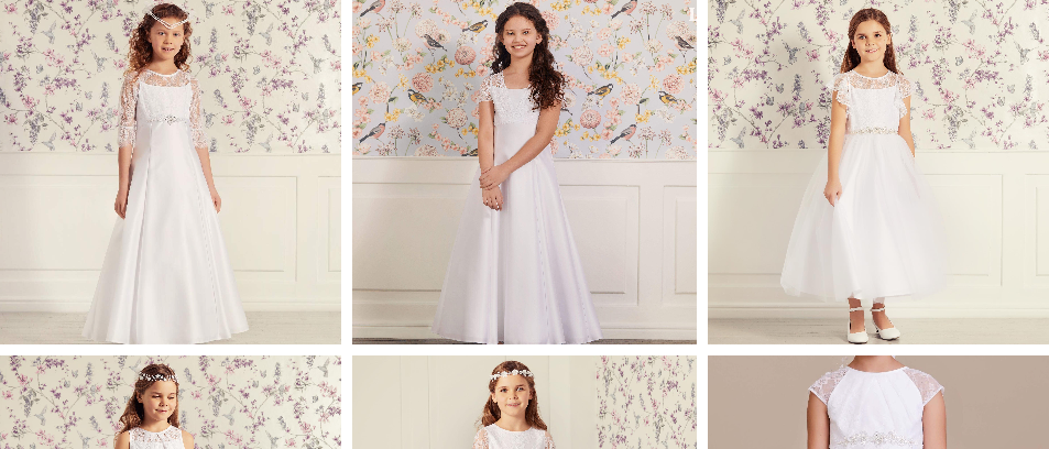 Eine Collage von sechs jungen Mädchen in weißen Kleidern, jeweils in verschiedenen Posen und Winkeln, vor floraler Tapete stehend.