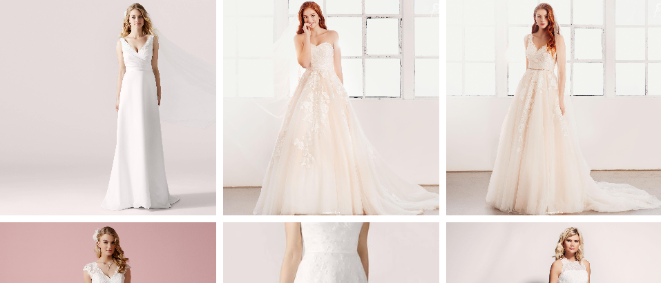 Eine Sammlung von sechs Brautkleidern, die in verschiedenen Umgebungen gezeigt werden. Jedes Kleid zeichnet sich durch einzigartige Designs und Stile aus, einschließlich eines Schleiers und verschiedener Spitzenmuster.