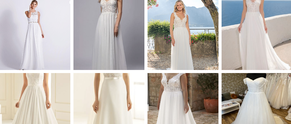 Eine Sammlung von weißen Brautkleidern in verschiedenen Stilen und Designs, jedes mit einzigartigen Merkmalen wie Spitze, Perlen und unterschiedlichen Ausschnitten, die Eleganz und Raffinesse zeigen.