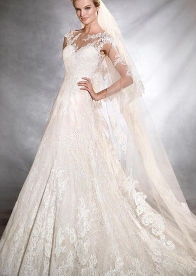 Eine Frau posiert in einem Hochzeitskleid mit Spitzendetails und einem langen Schleier vor einem grauen Hintergrund.