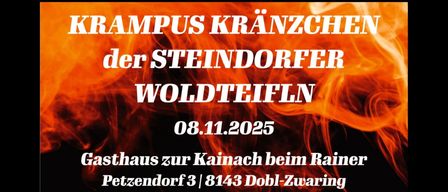 Plakat für Krampus Kränzchen im Gasthaus zur Kainach am 08.11.2025. Adresse ist Petzendorf 3, 8143 Dobl-Zwaring. Nikolaus kommt um 17:00, gefolgt von Krampussho um 18:00.