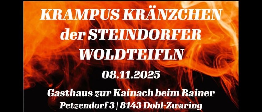 Plakat für Krampus Kränzchen im Gasthaus zur Kainach am 08.11.2025. Adresse ist Petzendorf 3, 8143 Dobl-Zwaring. Nikolaus kommt um 17:00, gefolgt von Krampussho um 18:00.