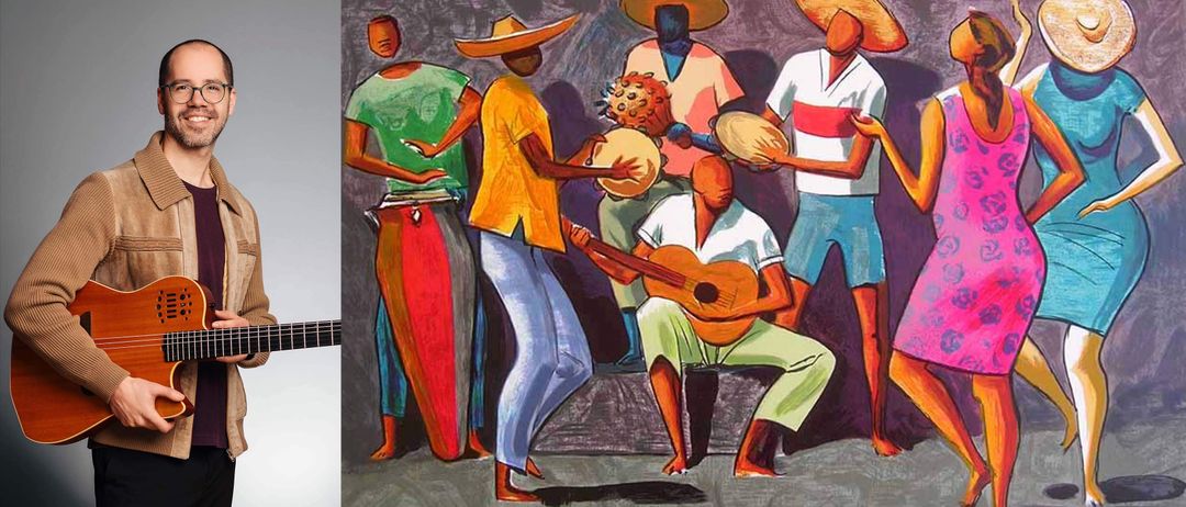 Ein lebhaftes Gemälde zeigt eine Gruppe von Musikern, die traditionelle Instrumente spielen. Ein Mann spielt Gitarre, andere Maracas und ein Maracas-ähnliches Perkussionsinstrument. Sie tragen farbenfrohe Kleidung und Hüte.