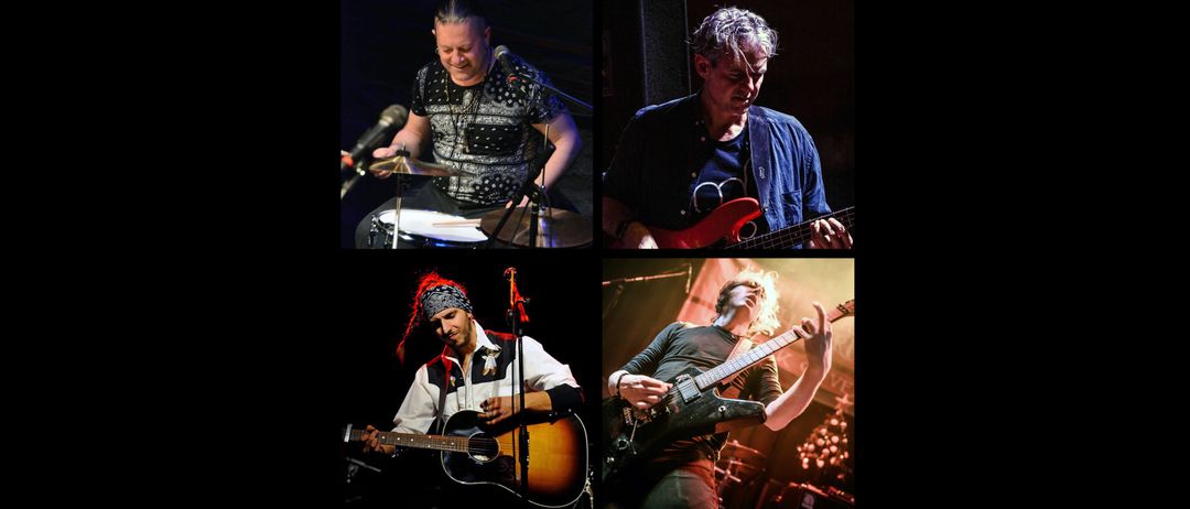 Eine Collage von vier Musikern. Oben links ein Schlagzeuger, oben rechts ein Gitarrist. Unten links ein Gitarrist mit Bandana, unten rechts ein Gitarrist im Rampenlicht.