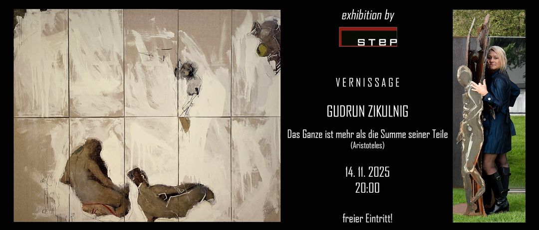 Ein Ausstellungsbanner für Gudrun Zikuda mit abstrakter Kunst. Der Text lautet 'exhibition by STB Vernissage Gudrun Zikuda.' Der Termin ist am 14. 11. 2025 um 20:00 mit freiem Eintritt.