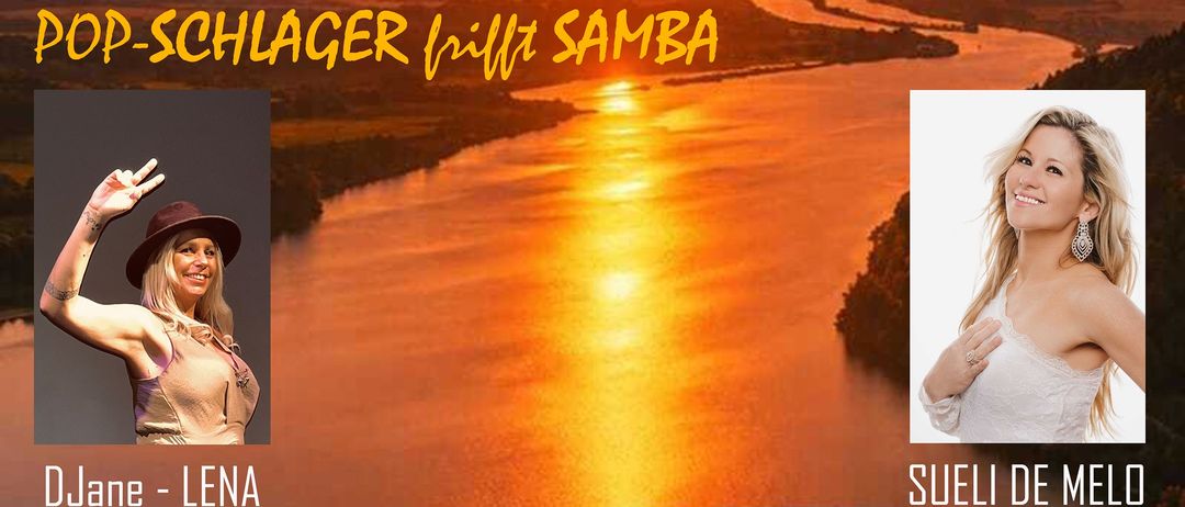 Ein ruhiger Sonnenuntergang über einem Fluss mit goldenen Farbtönen und dem Text 'GER blitz SAMBA' in fetten gelben Buchstaben.