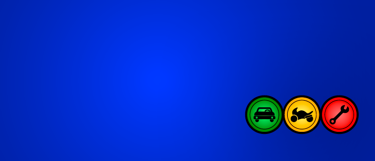 Ein blauer Hintergrund mit drei kreisförmigen Symbolen, grün, gelb und rot. Das grüne Symbol zeigt ein Auto, das gelbe Symbol zeigt ein Motorrad und das rote Symbol zeigt eine Schraubenschlüssel.