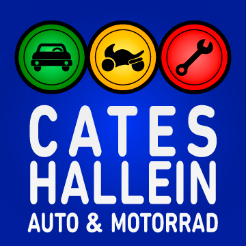 Das Logo zeigt drei Symbole: ein Auto, ein Motorrad und einen Schraubenschlüssel, mit dem Text 'CATES HALLEIN AUTO & MOTORRAD' auf blauem Hintergrund.