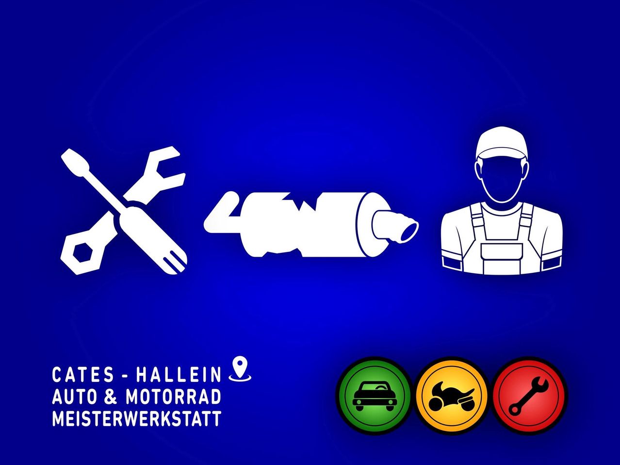 Blauer Hintergrund mit einem Mechaniker, einer Schraube und Symbolen für Auto- und Motorradservice. Der Text lautet 'AUTO & MOTORRAD WERKSTADTT'. Standortmarker in der linken Ecke.