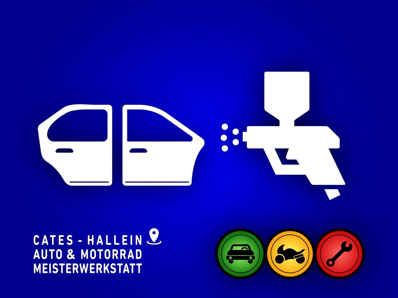 Ein blauer Hintergrund mit einem Auto, einer Spritzpistole und drei runden Symbolen. Der Text lautet 'AUTO & MOTORRAD SERVICE'. Standort: Hallein.