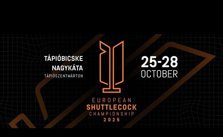 Das Plakat bewirbt die europäische Shuttlecock-Meisterschaft 2025, geplant für den 25. bis 28. Oktober in Tapiobicske Nagykata. Das Design zeigt ein geometrisches Muster und fette Texte.
