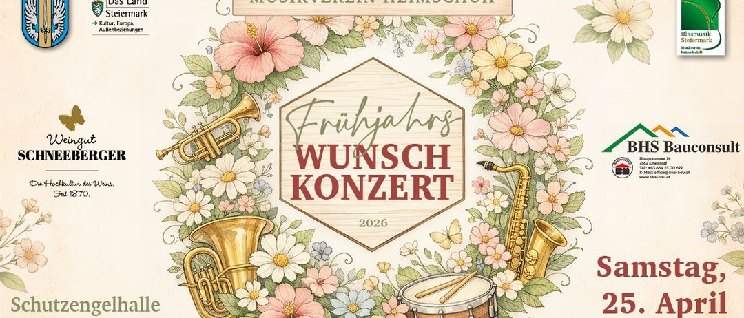 A musical poster for the Spring Wish Concert 2026 by Musikverein Heimschuh, surrounded by flowers and musical instruments.