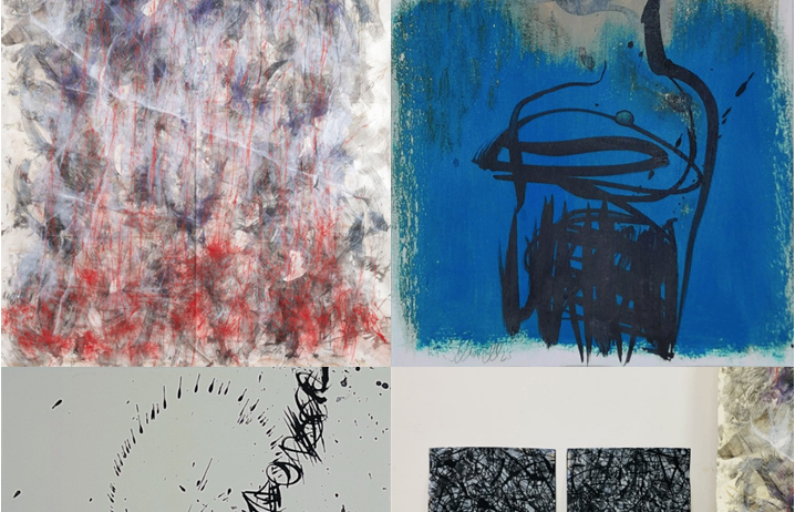 Eine Sammlung abstrakter Kunstwerke mit kräftigen Farben und dynamischen Linien. Oben links: Lila und rote Striche auf weiß. Oben rechts: Eine gesichtsähnliche Silhouette in Blau. Unten links: Abstrakte schwarze Kritzeleien auf weiß. Unten rechts: Zwei abstrakte Gemälde in Schwarz und Weiß.