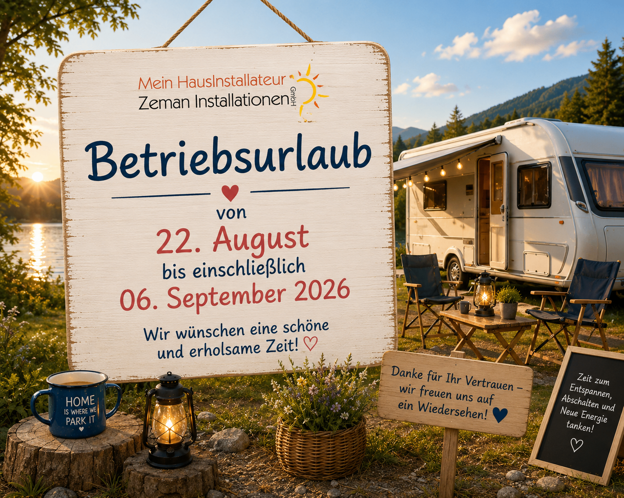 Ein Schild mit einer Betriebsurlaubsmitteilung vom 22. August bis einschließlich 6. September 2026, mit einem Wohnwagen, Stühlen und einer Laterne in einer malerischen Außenumgebung.