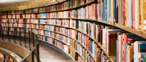 A library aisle with many books on wooden shelves, illuminated by soft lighting from the ceiling. The books are arranged in various colors and sizes.