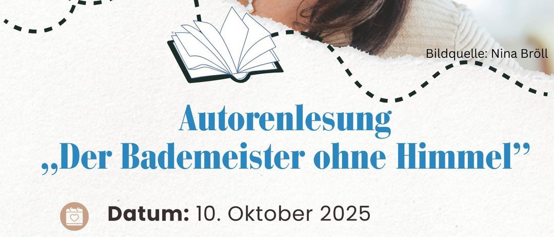 Eine Werbung für eine Autorenlesung. Es zeigt eine lächelnde Frau, die ein Buch mit dem Titel 'Der Bademeister ohne Himmel' von Petra Pellini hält. Die Veranstaltung ist für den 10. Oktober 2025 um 19:00 Uhr geplant. Das Buch wird für seine zarte und verträumte Erzählweise gelobt.