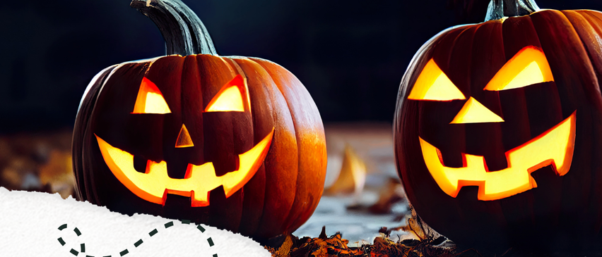 Ein Halloween-Event-Poster mit zwei Kürbissen, einem offenen Buch und Datum und Uhrzeit. Es steht: 'Halloween Grusellesung', 'Datum: Freitag, 31.10.2025', 'Uhrzeit: 18:00'. Eine gruselige Geschichte wird versprochen.