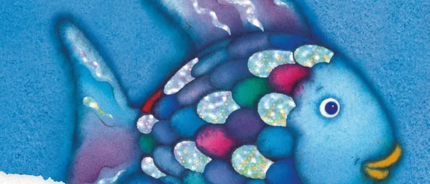 Die Geschichte vom Regenbogenfisch, beliebt seit vielen Jahren, ist mit einem blauen Fisch illustriert. Sie wird am 22. Oktober 2025 um 15:00 Uhr gelesen.