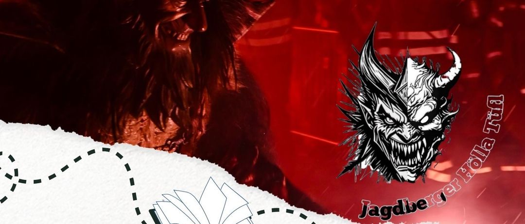 Plakat für eine Halloween-Veranstaltung des Jagdberger Hölle Clubs. Enthält eine Krampus-Illustration, Veranstaltungsdatum, Uhrzeit und eine kurze Beschreibung der Veranstaltung.