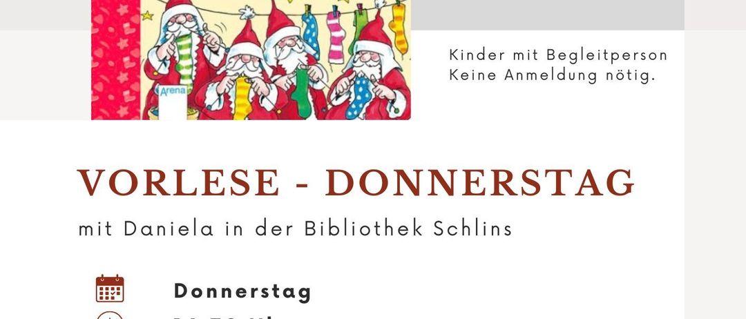 Ein Bild mit einem Buchcover, das eine festliche Szene mit Kindern beim Lesen zeigt, begleitet von einem deutschen Text, der 'Bibliothek Schins' lautet. Unter dem Buch befindet sich eine Veranstaltungsankündigung für 'Vorlese - Donnerstag' mit Daniela in der Schins Bibliothek. Das Plakat enthält eine Uhrzeit von 16:30 und eine kurze Beschreibung darüber, wie Kinder das Lesen genießen.