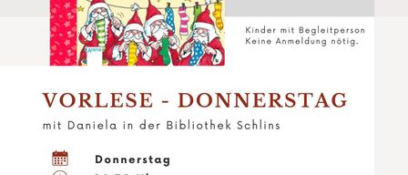 An image with a book cover featuring a festive scene with children reading, accompanied by a German text that reads 'Bibliothek Schins'. Below the book, there is an event announcement for 'Vorlese - Donnerstag' with Daniela at the Schins Library. The poster includes a time of 16:30 and a brief description about children enjoying reading.
