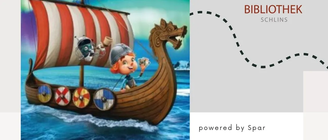 Ein Bild eines Wikingerschiffs mit einem Jungen, der einen Helm trägt und ein Buch hält. 'Powered by Spar' steht unten. 'Sticker Mania - Tauschborse' Veranstaltungsankündigung. Englischer Text über ein Sticker-Event während der Bibliotheksöffnungszeiten.