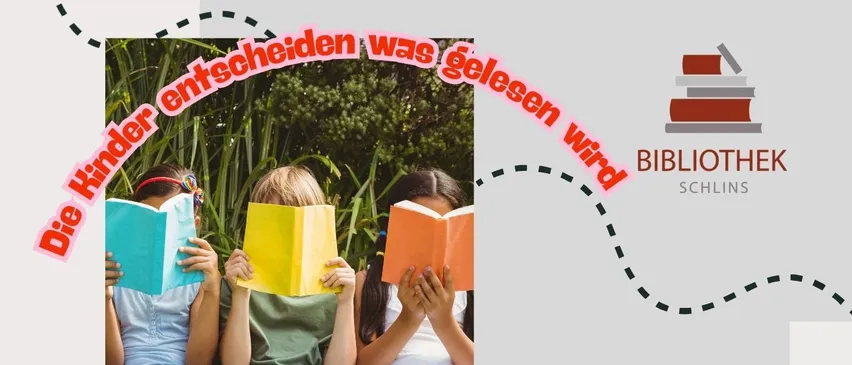 Das Bild zeigt ein Plakat für eine Donnerstag-Lesestunde mit Daniela in der Bibliothek Schins. Drei Kinder sind dargestellt, die Bücher lesen, begleitet von dem Text 'Kinder mit Begleitperson, keine Anmeldung erforderlich.' Die Veranstaltung ist für 16:30 Uhr angesetzt. Daniela liest Kindern jeden Donnerstag vor, und es gibt Snacks.