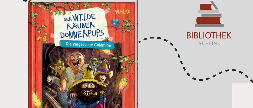 Ein Bild zeigt das Cover eines Buches mit Kindern und einer Leseveranstaltung in einer Bibliothek. Das Buch zeigt eine Figur in einem Bergwerkstunnel. Die Bibliothek ermutigt Kinder zum Lesen ohne Anmeldung.