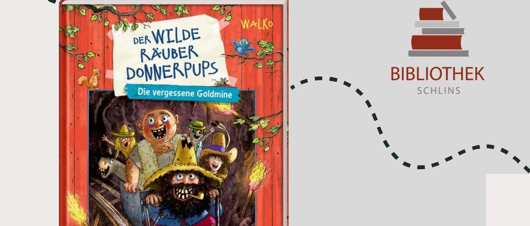 Ein Bild zeigt das Cover eines Buches mit Kindern und einer Leseveranstaltung in einer Bibliothek. Das Buch zeigt eine Figur in einem Bergwerkstunnel. Die Bibliothek ermutigt Kinder zum Lesen ohne Anmeldung.