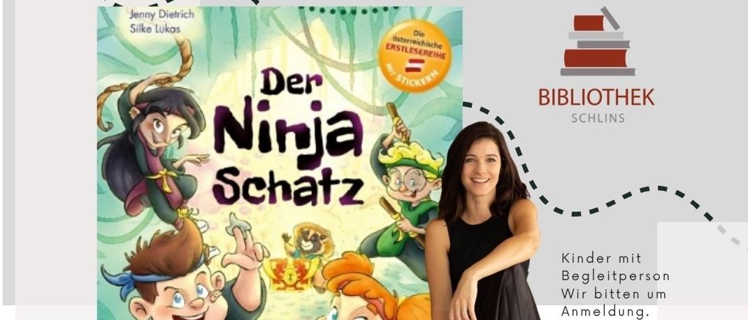 Ein Veranstaltungsposter für eine Kinderbuchlesung mit 'Der Ninja Schatz'. Es zeigt ein Cartoonbild von Kindern, eine lächelnde Frau und einen Zeitplan für den 16. Oktober 2026 um 16:00 Uhr.
