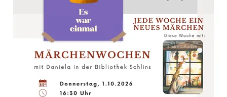 Plakat für eine Kinder-Geschichtenstunde in der Bibliothek Schins mit einer goldenen Krone und einem Buch. Geplant für Donnerstag, 10. Januar 2026 um 16:30 Uhr.