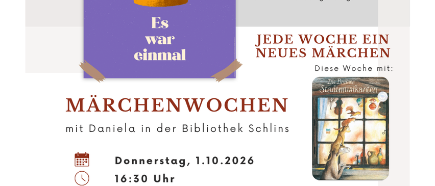 Plakat für eine Kinder-Geschichtenstunde in der Bibliothek Schins mit einer goldenen Krone und einem Buch. Geplant für Donnerstag, 10. Januar 2026 um 16:30 Uhr.