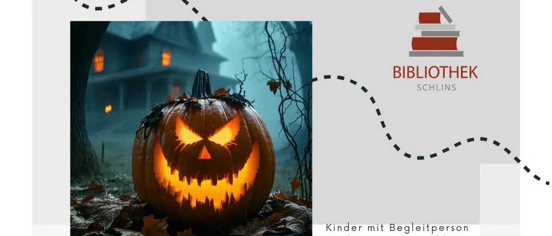 Ein Plakat für eine Halloween-Lesung in der Schins Bibliothek. Das Plakat zeigt eine gruselige Kürbis mit einem geschnitzten Gesicht, das im Dunkeln leuchtet, vor einem nebligen Hintergrund mit einem Haus in der Ferne.