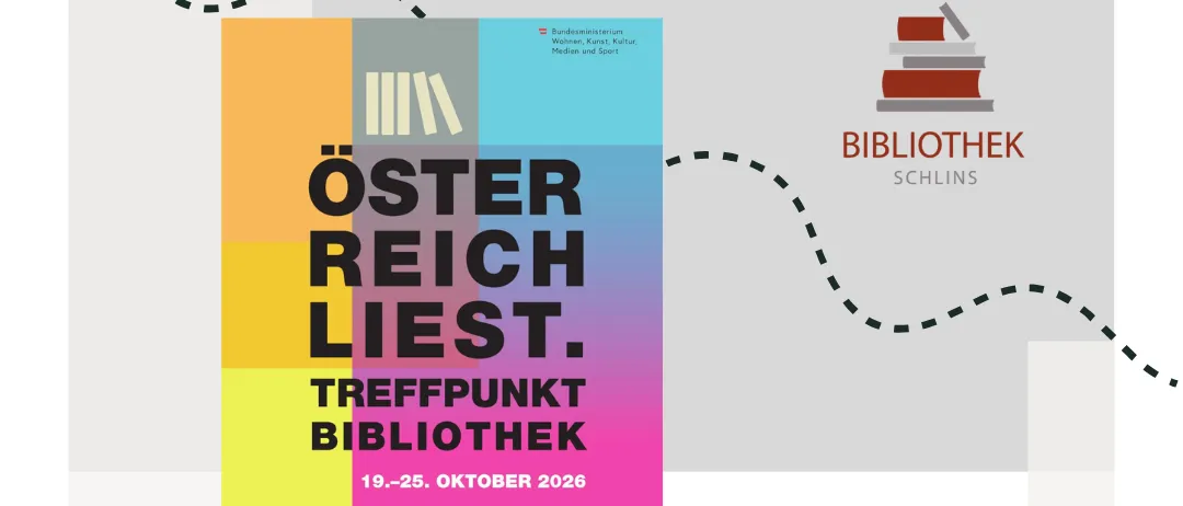 Ein Werbeplakat für die 'Österreich Liest'-Aktion mit einem farbenfrohen Buchcover mit dem Titel 'Treffpunkt Bibliothek' und den Daten '19-25. Oktober 2026'. Das Plakat enthält auch die Kontaktdaten der Bibliothek und einen Aufruf zum kostenlosen Ausleihen von Büchern, Zeitschriften und Hörbüchern.