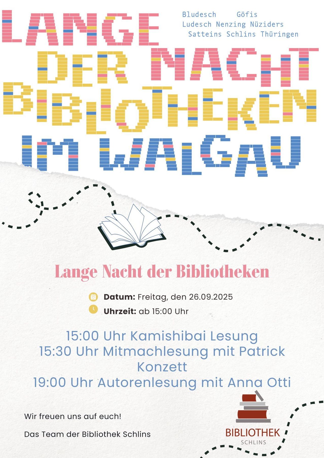Ein Plakat für die 'Lange Nacht der Bibliotheken' Veranstaltung in Walgau. Sie findet am Freitag, den 26.09.2025 ab 15:00 Uhr statt. Aktivitäten beinhalten Kamishibai Lesung um 15:00 Uhr, Mitmachlesung mit Patrick um 15:30 Uhr und Autorenlesung mit Anna Otti um 19:00 Uhr.