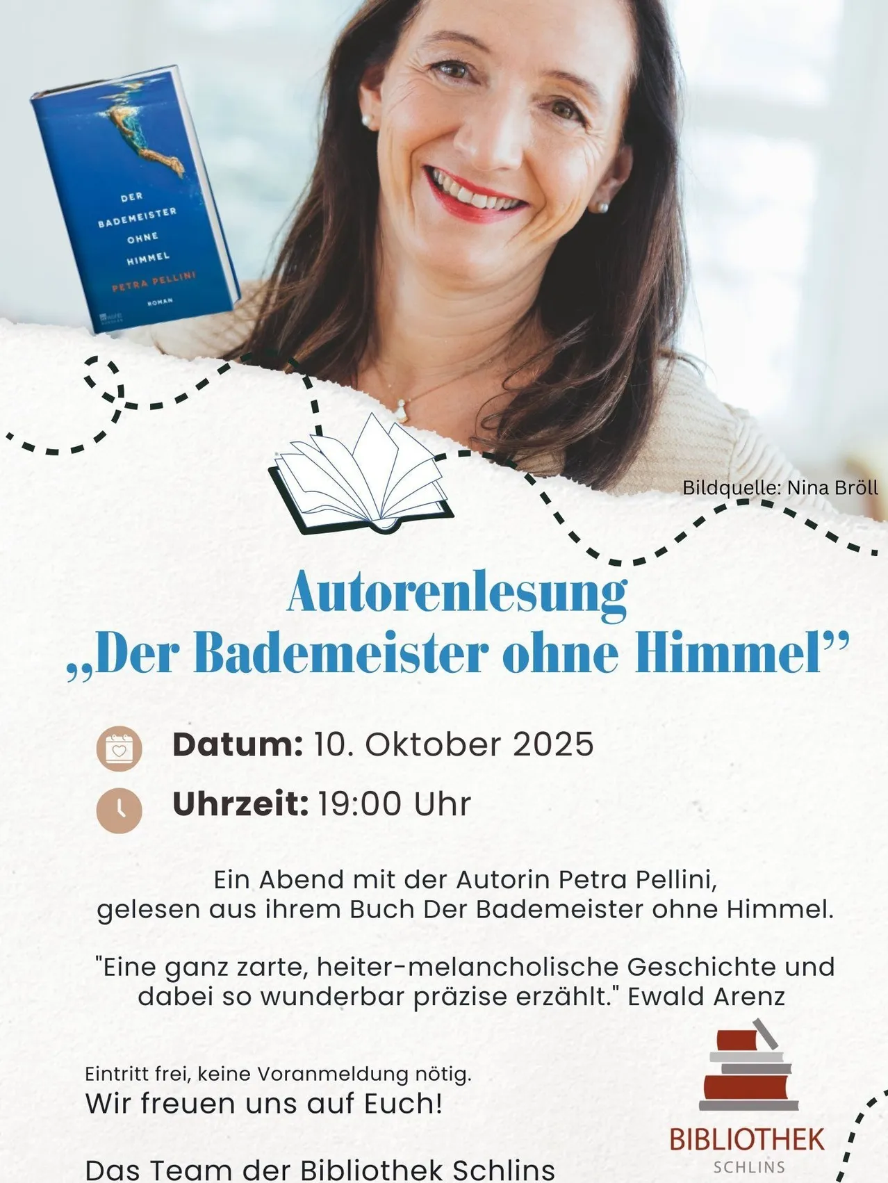 Ein Abend mit der Autorin Petra Pellini, gelesen aus ihrem Buch 'Der Bademeister ohne Himmel'. Datum: 10. Oktober 2025, Uhrzeit: 19:00 Uhr. Bildquelle: Nina Bröll.