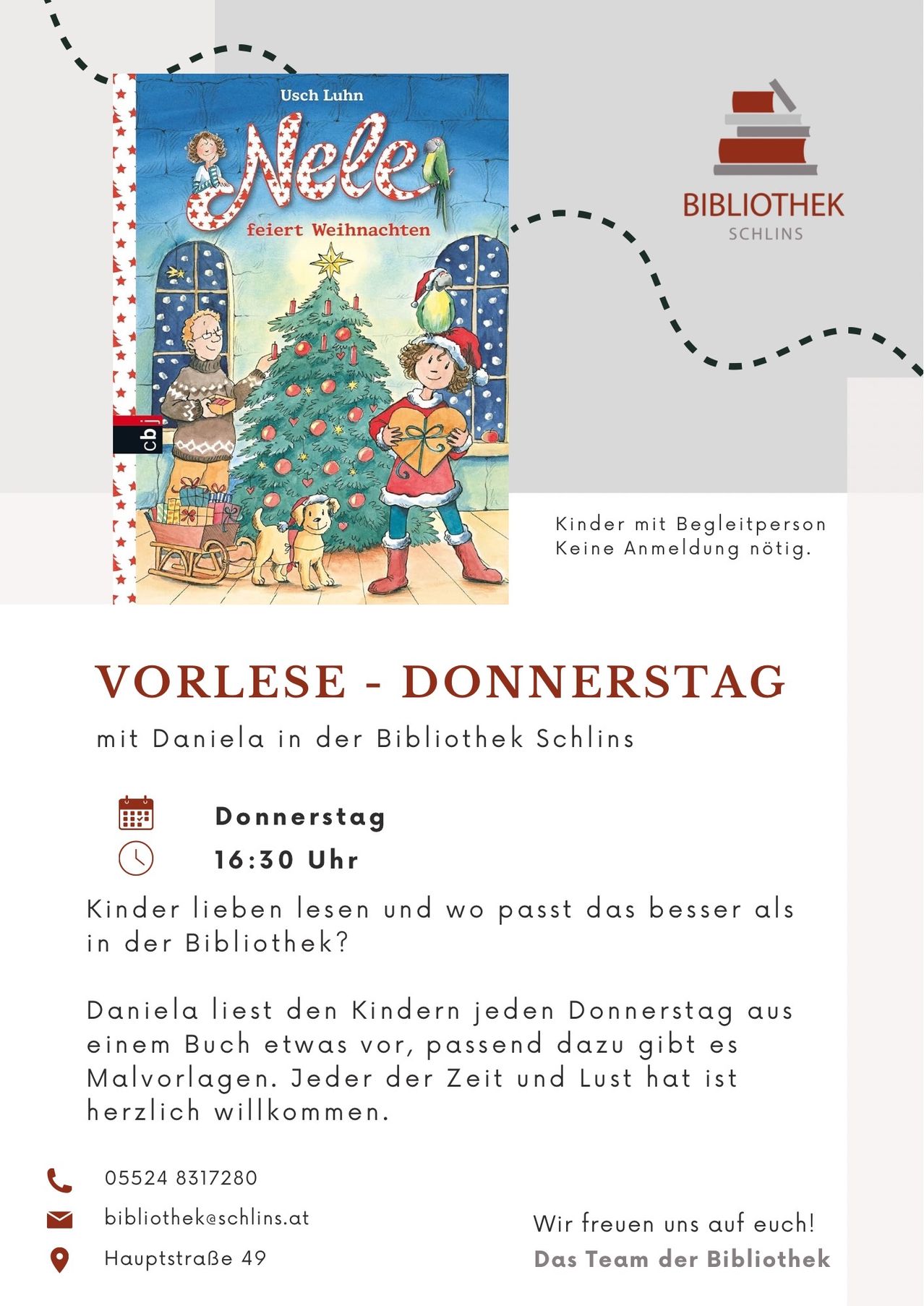 Das Bild bewirbt eine Kinder-Vorlesestunde am Donnerstag um 16:30 Uhr in der Bibliothek Schins mit einer Buchcoverszene, die Weihnachten feiert.