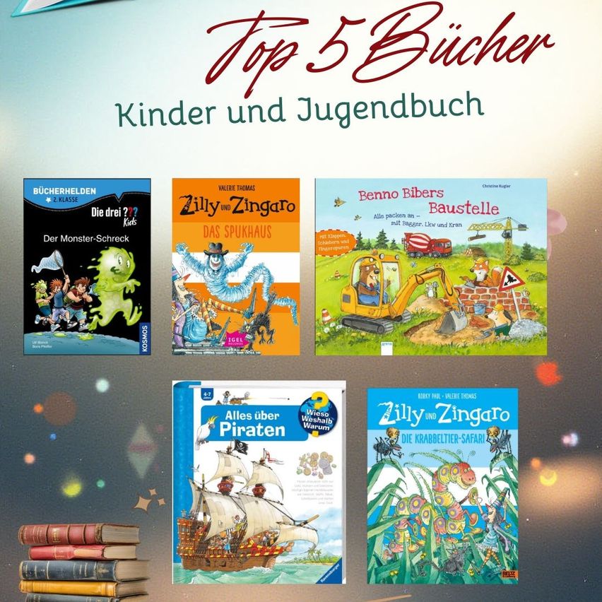 Eine Werbung mit einer Collage von fünf Kinderbüchern. Die Titel sind auf Deutsch. Die Bücher heißen 'Die drei???', 'Das Spukhaus', 'Benno Bibers Baustelle', 'Alles über Piraten' und 'Die Krabbeltier-Safari'.