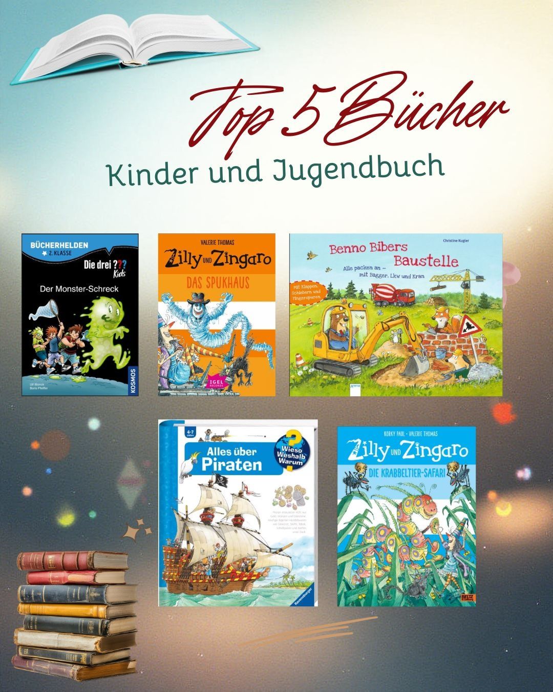 Eine Werbung mit einer Collage von fünf Kinderbüchern. Die Titel sind auf Deutsch. Die Bücher heißen 'Die drei???', 'Das Spukhaus', 'Benno Bibers Baustelle', 'Alles über Piraten' und 'Die Krabbeltier-Safari'.