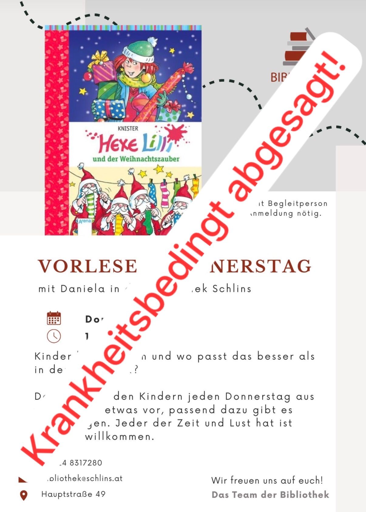 Das Bild zeigt ein Kinderbuch mit dem Titel 'Hexe Lilli und der Weihnachtszauber'. Es zeigt eine festliche Szene mit dem Weihnachtsmann und einem roten Rand. Unten im Bild befindet sich Text über eine Vorleseveranstaltung an Donnerstagen für Kinder.