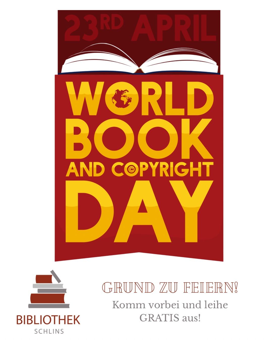 Der Welttag des Buches und des Urheberrechts wird am 23. April gefeiert. Ein offenes Buch befindet sich auf rotem Hintergrund mit dem Text Welttag des Buches und des Urheberrechts. Unten steht ein Stapel Bücher.