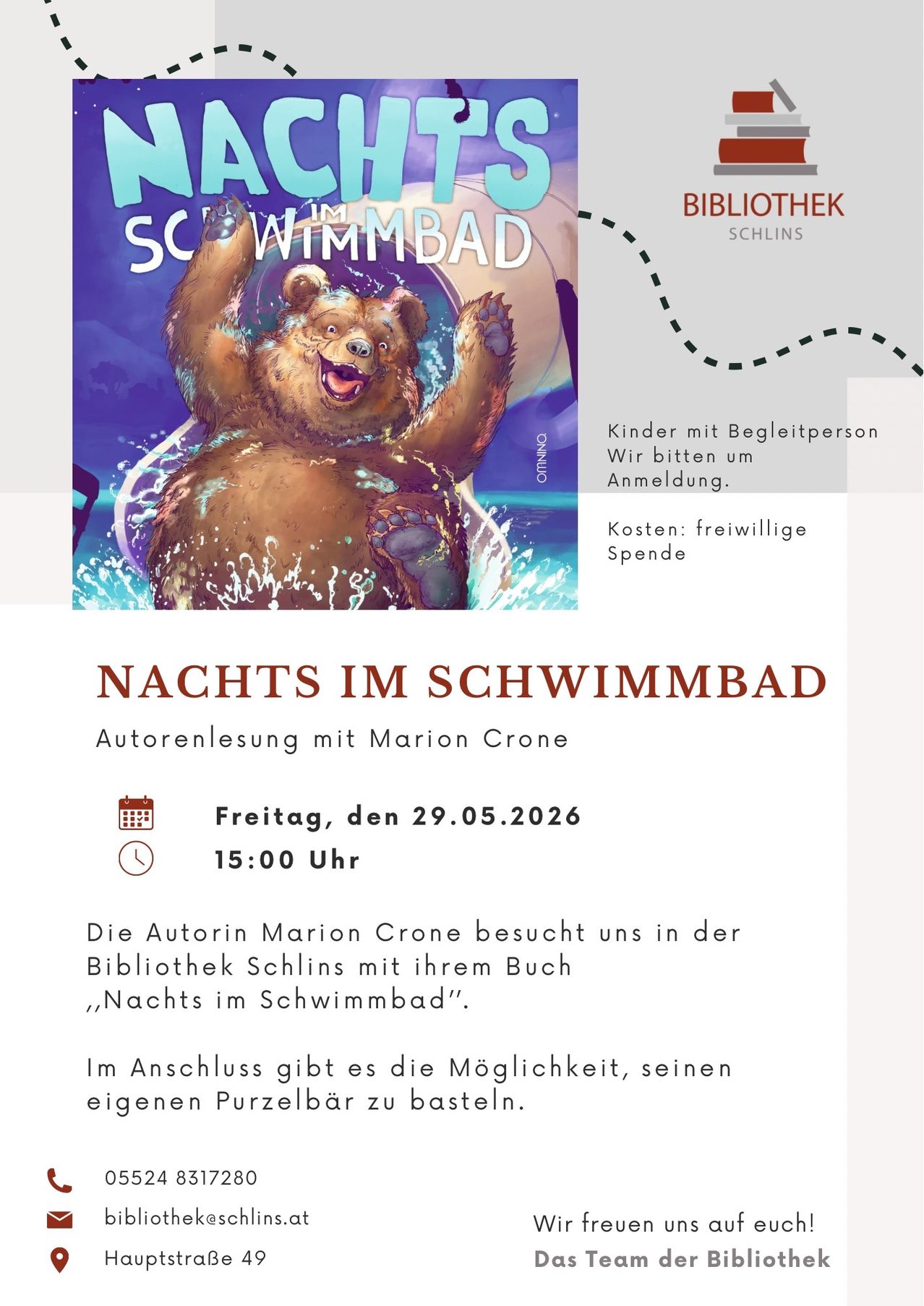 Plakat für eine Kinder-Lesung mit der Autorin Marion Crone in der Bibliothek Schlins. Das Plakat zeigt einen Bären im Schwimmbad. Die Veranstaltung ist am Freitag, 29.05.2026, um 15:00 Uhr.