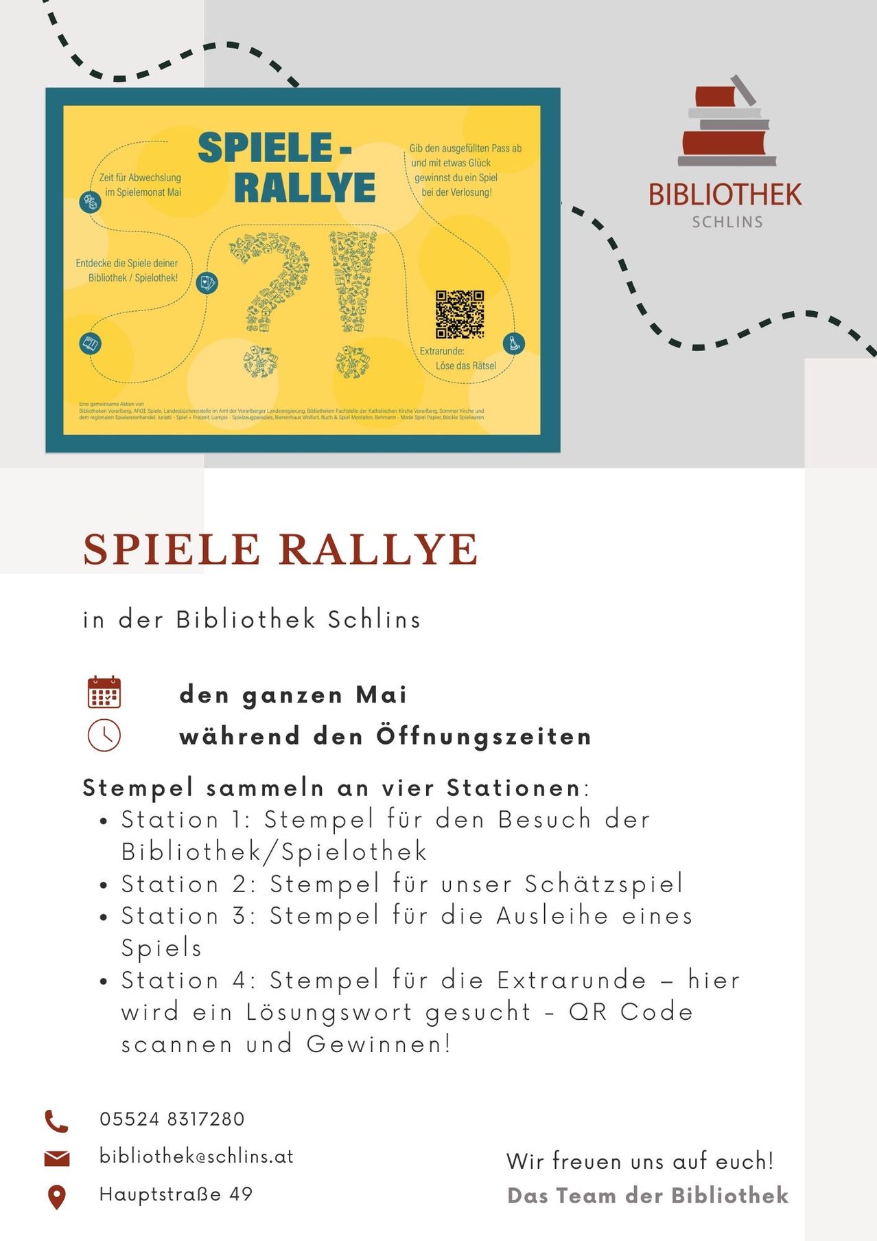 Werbung für Spiele Rallye in der Schlins Bibliothek. Sammle Stempel an vier Stationen: Bibliotheksbesuch, Schatzspiel, Spielausleihe und Extrarunde mit QR-Code. Den ganzen Mai über, während der Öffnungszeiten.