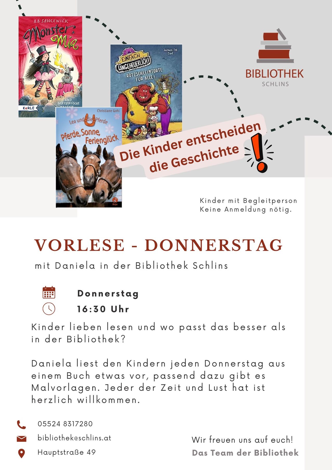 Das Bild bewirbt eine Vorlese-Veranstaltung für Kinder jeden Donnerstag in der Bibliothek Schlings. Es zeigt verschiedene Buchcover und betont, dass Kinder die Geschichte wählen können. Eine Anmeldung ist nicht erforderlich.