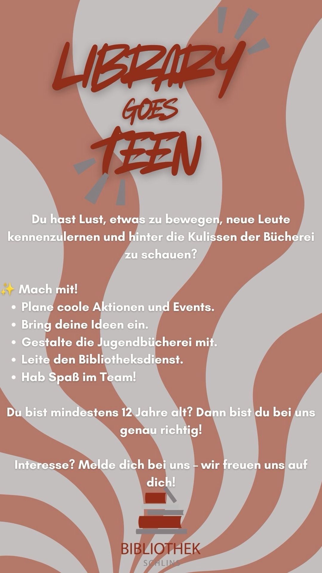 Ein Poster mit dem Wort 'TEEN' in Rot, das Jugendliche einlädt, an Bibliotheksaktivitäten teilzunehmen, Events zu planen und dem Team beizutreten. Es betont die Spaß- und Engagementmöglichkeiten.
