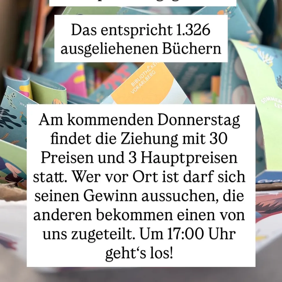 Eine Zeichnung von Büchern mit Textüberlagerung. Der Text lautet 'Dies entspricht 1.326 ausgegebenen Büchern' und 'Am kommenden Donnerstag findet die Ziehung mit 30 Preisen und 3 Hauptpreisen statt.'